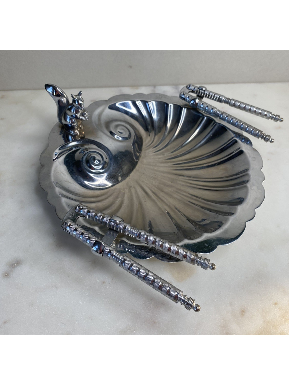 Squirrel Nutcracker Plate Set Vintage Chrome Plated Silver Shell Display Dish